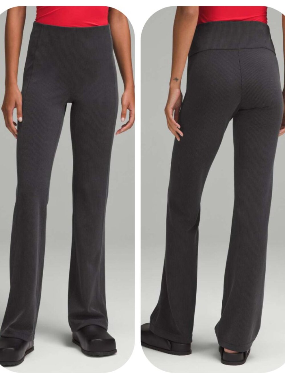 NWOT Lululemon 14 Ribbed Softstreme Flared Pant 35X30", black/graphite grey